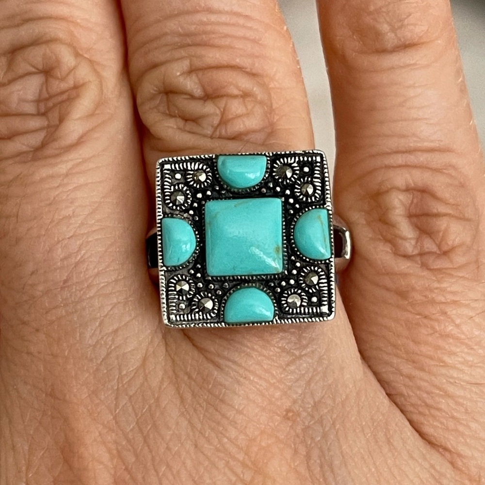 Turquoise marcasite sterling silver ring - Picture 4 of 8